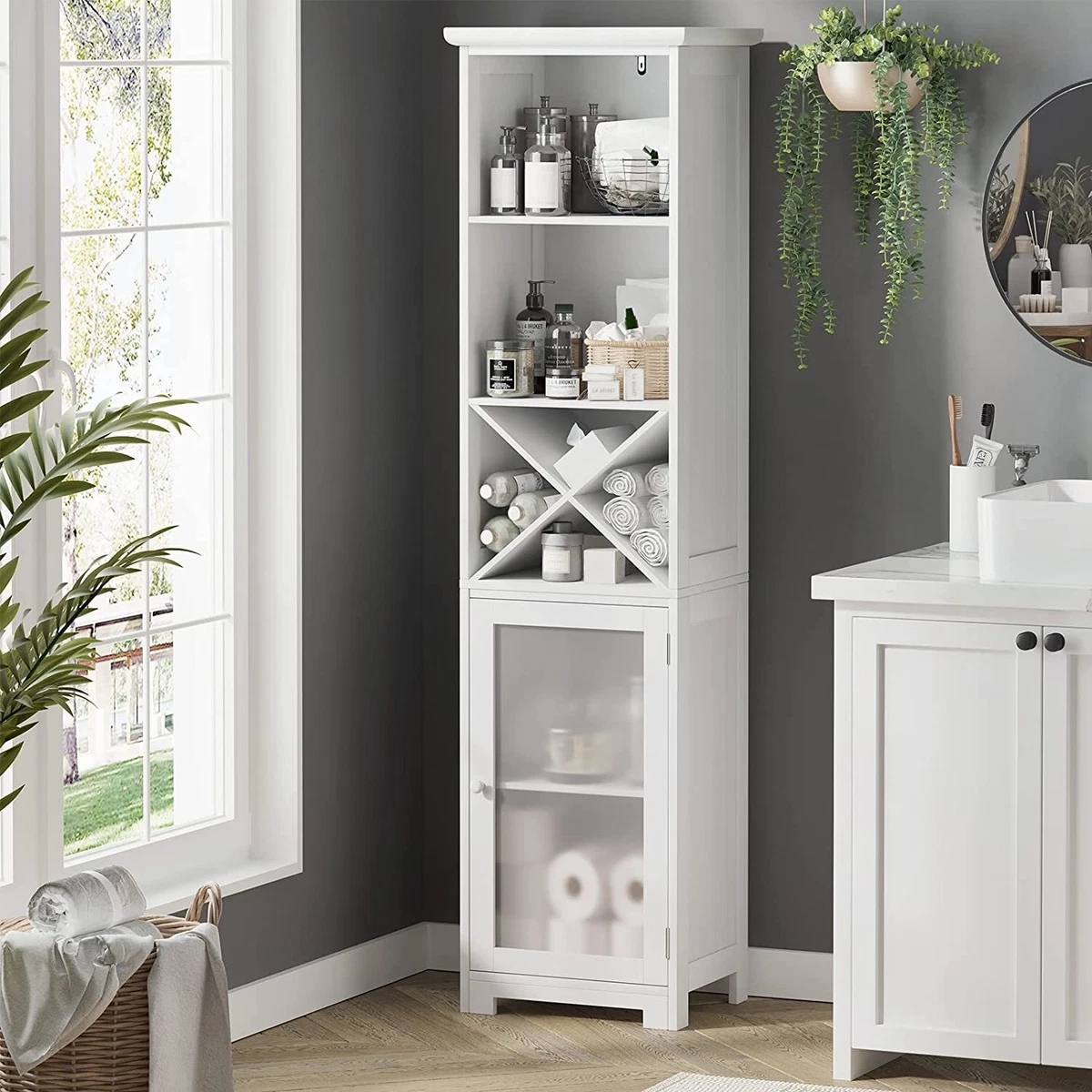 Tall Bathroom Storage Cabinet w/ 3 Tier Shelves Freestanding Linen