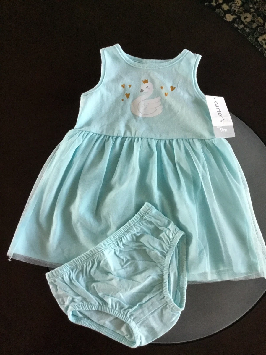 Carters Baby Dress With Matching Under Pants Blue With Swan Design 9 Months