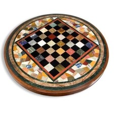 Black Marble Chess Table Top, Semi Precious Inlay Stone Mosaic Christmas Eve