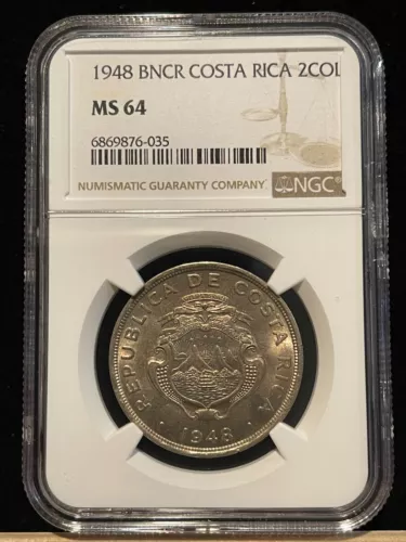COSTA RICA 2 Colones 1948, NGC MS 64 Choice UNC Uncirculated, Fully Lustrous. A2