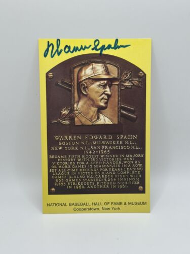 Warren Spahn Autographed Yellow Hall of Fame Plaque Card BRAVES JSA COA - Picture 1 of 3