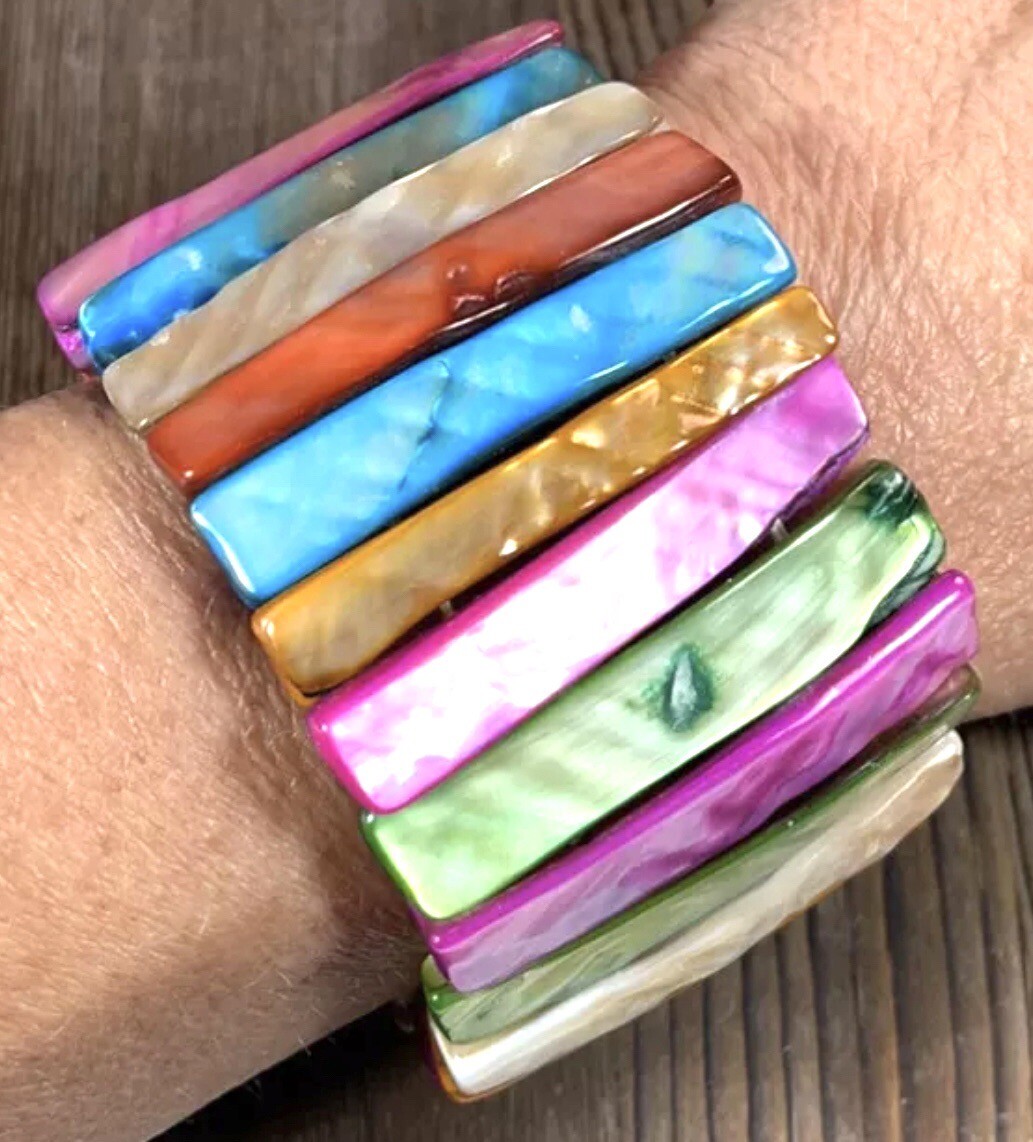 Multicolor Beaded Abalone Shell Bracelet Stretch … - image 1