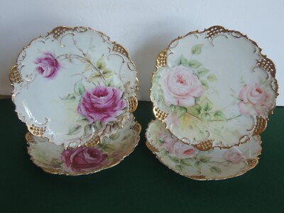 Set 4 Leonard Vienna Austria 9'' Plate Hand Painted Rose & Gold Reticulated Lace