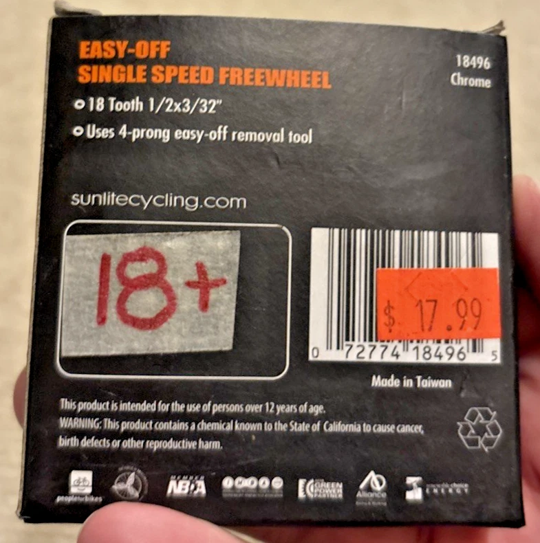 SUNLITE Easy Off Single Speed Bicycle Freewheel 18T - 1/2” X 3/32” - 18496 - Image 2 of 2