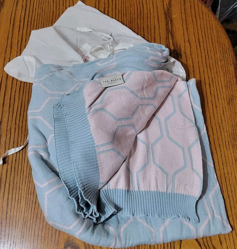 NWT Ted Baker Trellis Geometric Opal Blue/Pink Cotton Knit Throw 59"x78" India - Picture 2 of 6