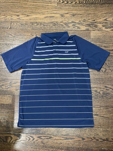 Boys Kids Vineyard Vines Blue Striped Performance Polo Shirt Youth Large 16 EUC