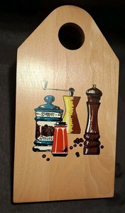 VTG NEVCO Yugoslavia Wood  Cutting Board "Spice Grinders & Shakers" 14x7.5x.5