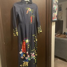 AO Dai Vietnamese Handmade Silk Dress Only No pants size XS -Multicolor Flower