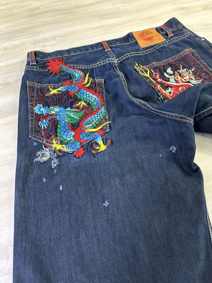 Vintage Ed Hardy Dragon Baggy Wide Leg Y2K Denim Jean Shorts Size 40 Jorts 2008 - Image 4 of 4