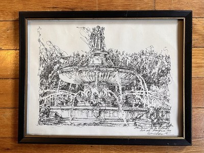 Original 1977 Framed Ink Drawing Fontaine de la Rotonde Aix-en-Provence France