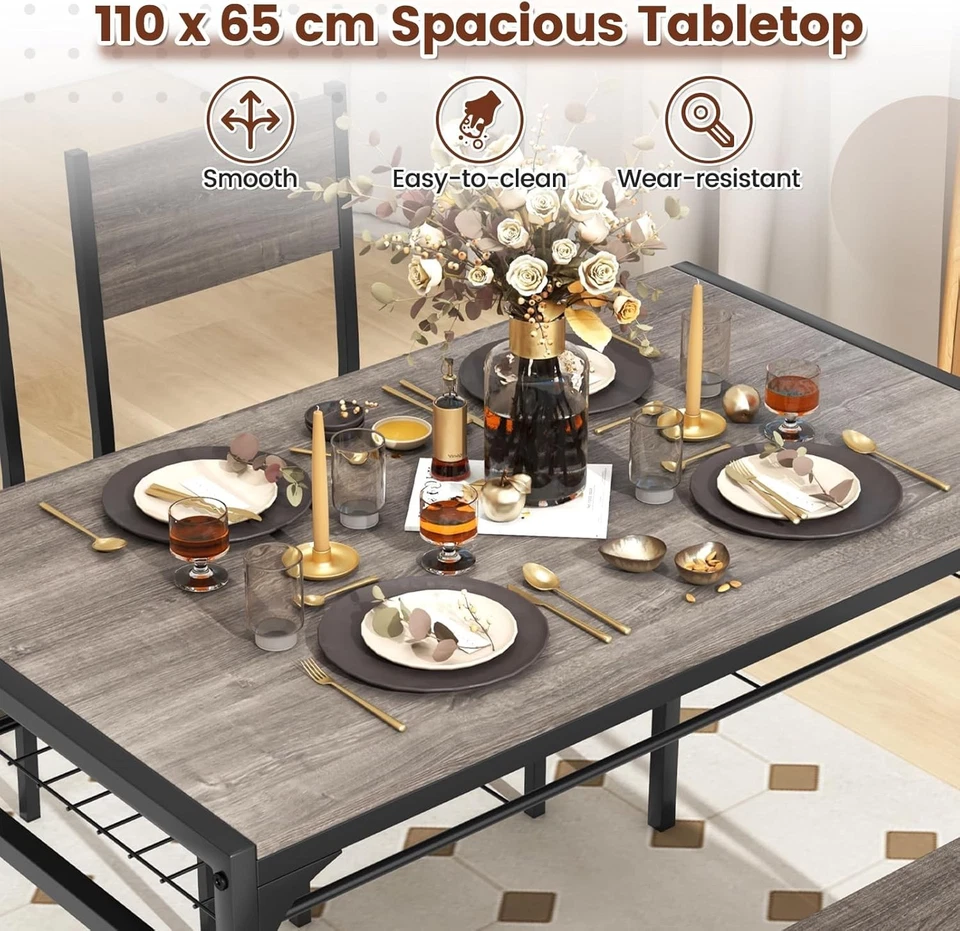 4 Seater Dining Table Bench Set w/ Storage Racks Grey Oak Metal Frame - Image 2 of 4