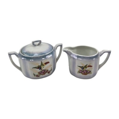 Vintage G.E. Germany Blue Luster Hummingbird Creamer & Sugar Bowl Set