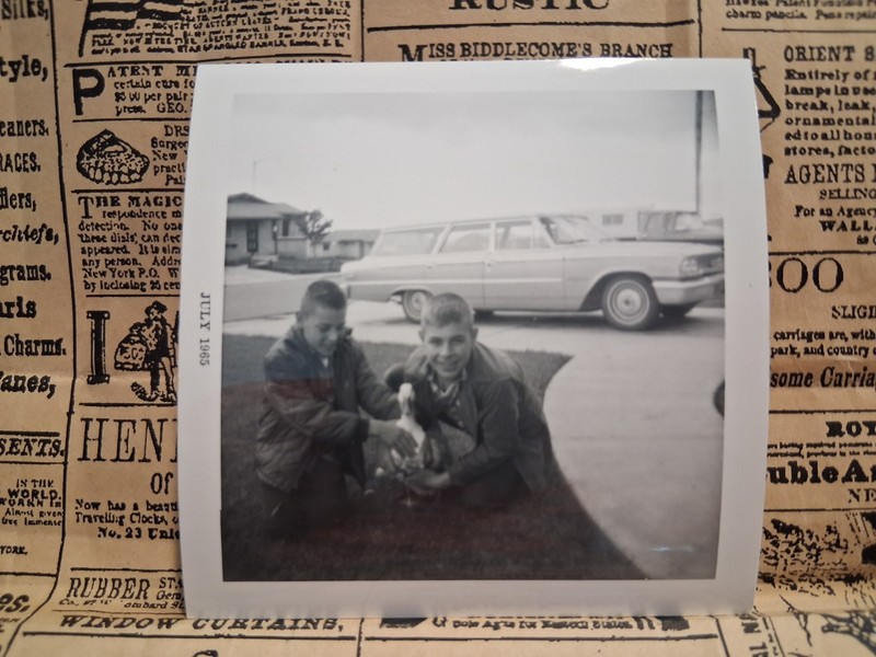 Vintage 1965 B&W Photo 2 Boys A Duck And Antique Station Wagon