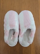 NEW Victoria's Secret Closed Toe Faux Fur Slide Slippers Size Small - Pink/White