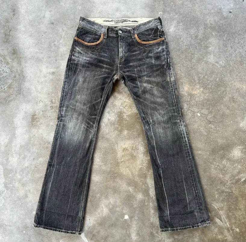 Vintage Wrangler Distressed Raw Faded Denim Flare Jean Pant W35 - Image 1 of 4
