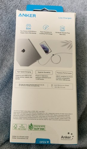 Câble de charge rapide Anker 10' 60W tressé USB-C vers USB-C Max - Blanc - NEUF - Photo 2 sur 7