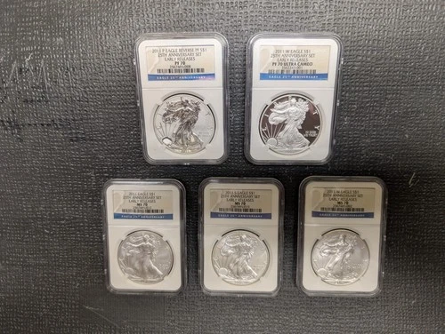 2011 Silver Eagle 25th Anniversary 5-Coin Set NGC ER in PF 70 MS 70 REV PF 70