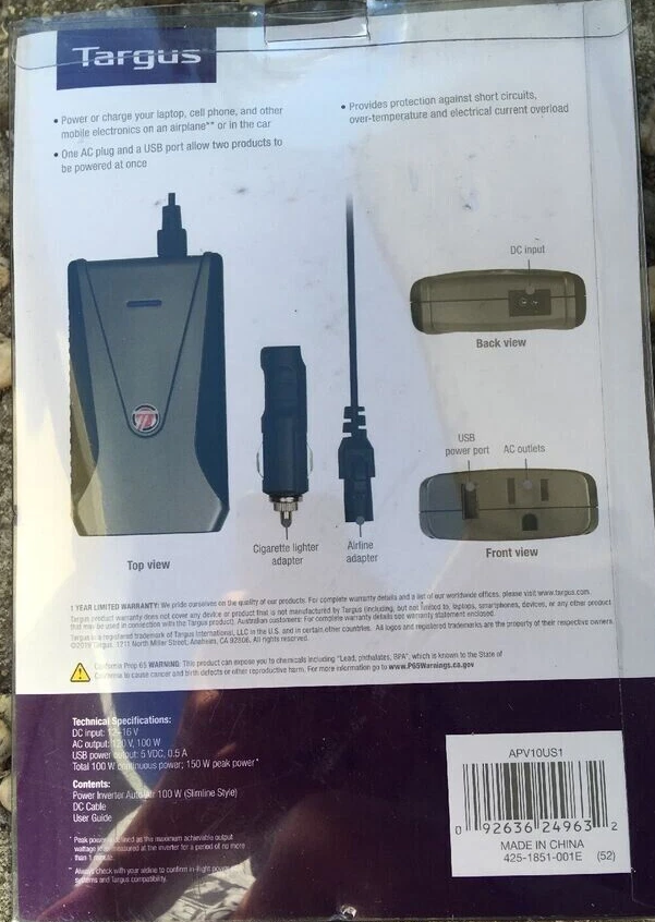 Power Inverter NEW Targus 100W Auto/Air AC & UBS Port APV10US1 Laptop Phone - Image 3 of 4