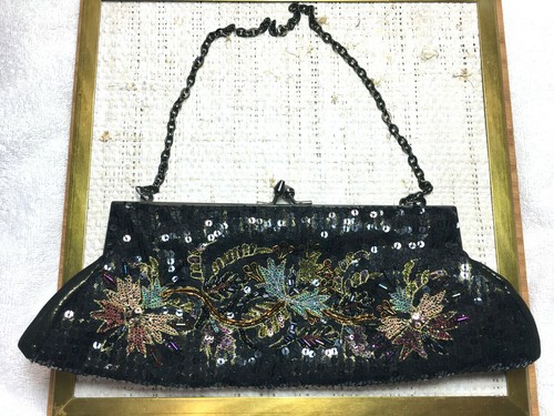 White House Black Market Satin Beaded & Sequins Clutch Purse Chain Mail Cocktail
