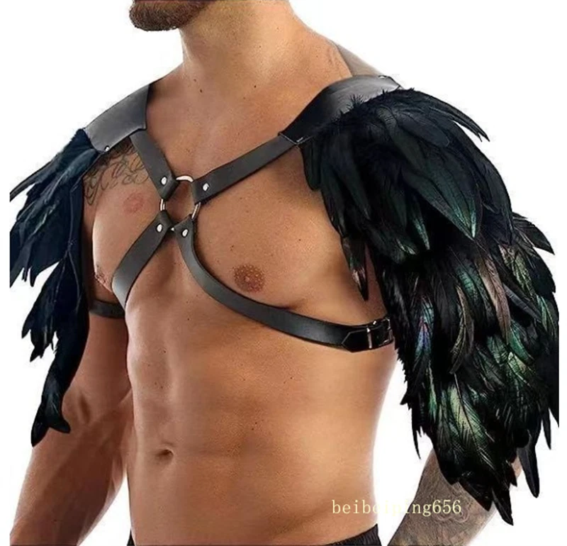 Armadura de hombro de cuero pluma medieval correa de pecho vikinga disfraces Halloween Foto 2 de 4