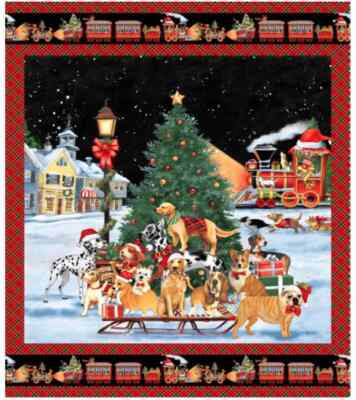 Christmas Snow Dog Express Fabric Train Tree Puppy Cotton Studio E - 36'' Panel
