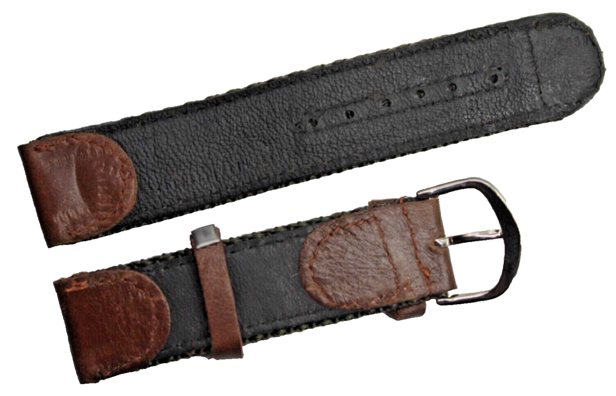 Bracelet De Montre Mixte Tissu Vert & Cuir Marron - Largeur 18 Mm, Doublé Cuir - Neuf
