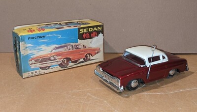 Vintage 1960s Red Friction Sedan MIB MF998 China Tin Toy Model Car w/ Box 