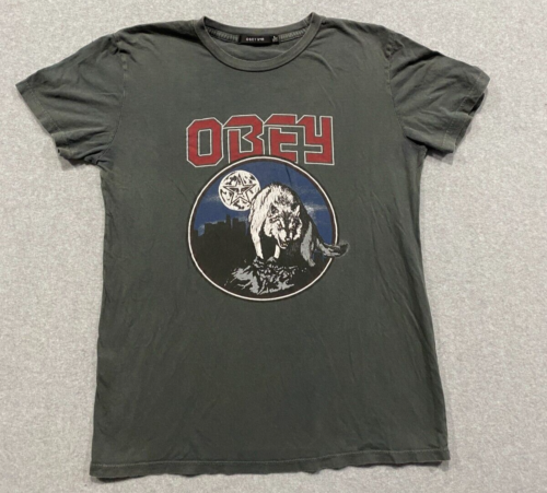 Obey T-Shirt Men's Small Wolf and Moon T-Shirt Short Sleeve Dark Gray - Picture 1 of 10