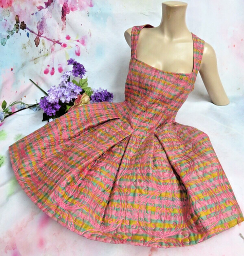 Christian Lacroix Silk Dress embroidery pink multi-color Racer back 40 Vintage - 第 1/11 張圖片