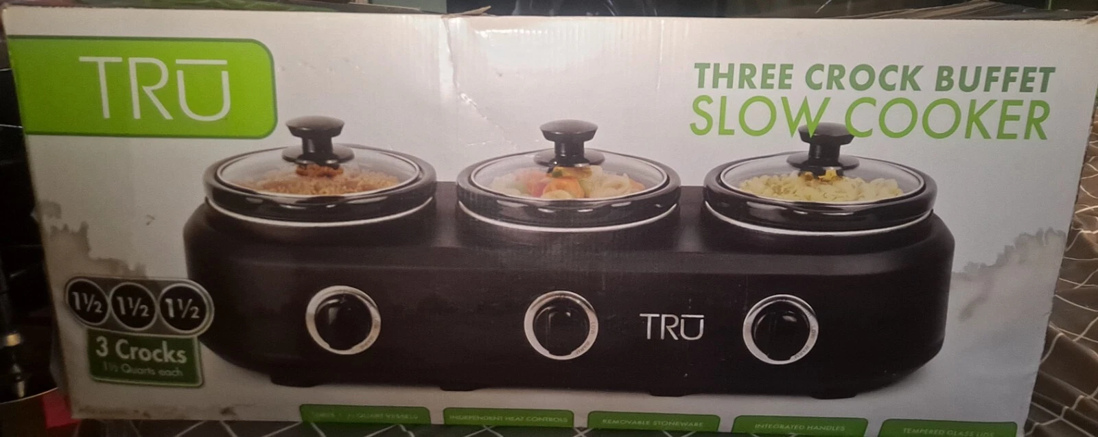 TRU 3-Crock Buffet Slow Cooker 1.5 QT each Black NEW Open/Damaged Box $ave!
