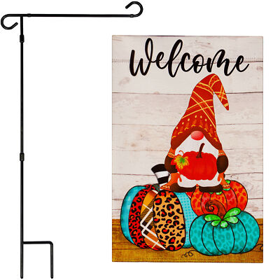 NEW G128 Garden Flag Gnome on Patterned Pumpkins 12x18IN Blockout & Flag Stand