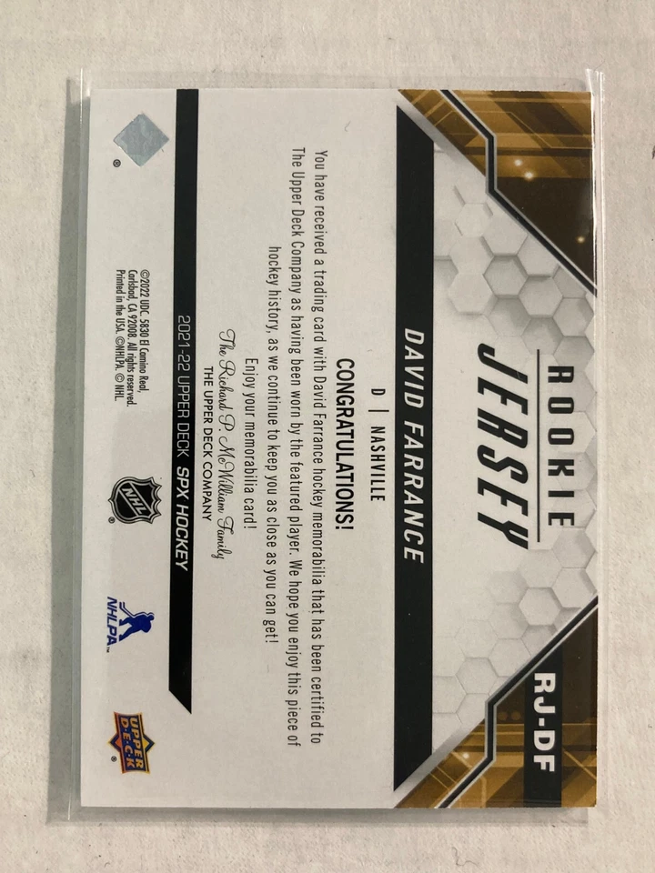 2021-22 SPx Rookie Jersey #RJ-DF David Farrance RC  H2R1A - Image 2 of 2