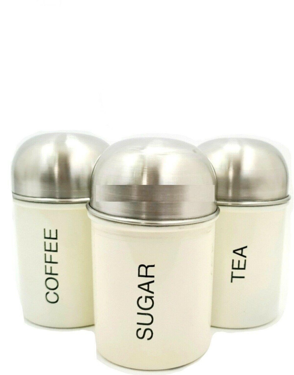 Cream 3pc Tea Coffee Sugar Storage Canister Set Stainless Steel