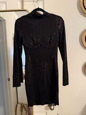 Fashion Nova Black Sheer Mesh Metallic Sequin High Neck Bodycon Mini Dress M