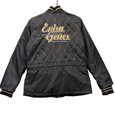 Evisu Jacket Womens Medium Black Quilted Bomber Full Zip Pockets Embroidered