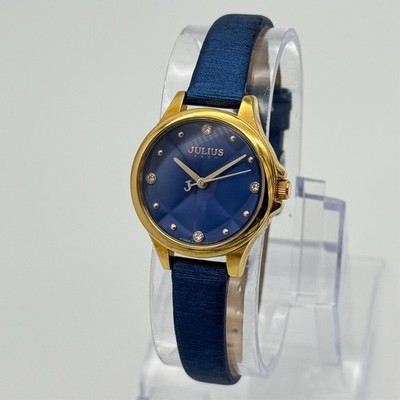 Women's JULIUS Gold Tone, Blue Cushion Dial, Petite Watch, Blue Leather, Runs