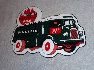 VINTAGE SINCLAIR SUPER FLAME   OILS TANKER TRUCK 12'' METAL GASOLINE & OIL SIGN!