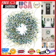 Blue Daisy Wreath 24 Inch Spring Summer Fake Silk Floral Wreath with Green Eu...