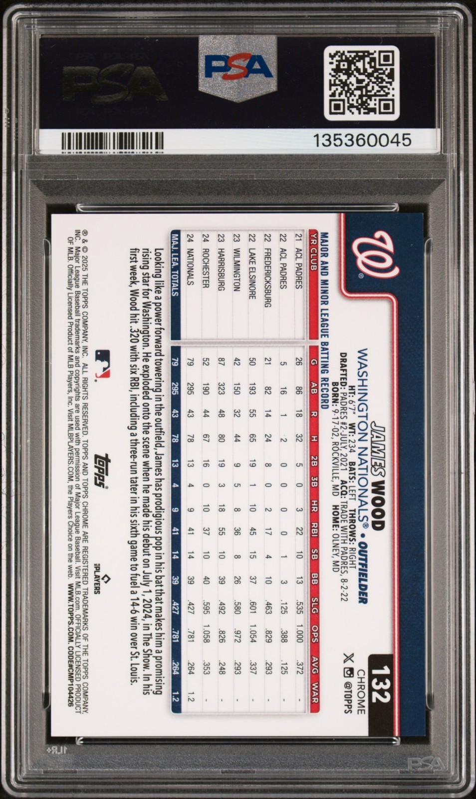 James Wood 2025 Topps Chrome Logofractor Orange Refractor /25 RC #132 PSA 9 view 2