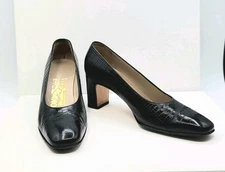 Salvatore Ferragamo Women's 5 Black Leather Croc Patter Classic High Heels Pumps