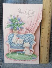 PLAYFUL WHITE KITTEN CATS Vtg Unused GET WELL Greeting Card 50'S 60'S MCM OS7