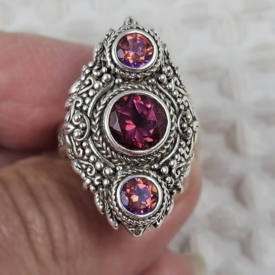 Sarda Mystic Quartz & Rascal Pink Topaz 3 Stone Ring Sterling Silver .925 Size 7