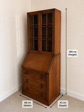 Vintage Oak Writing Bureau Bookcase Cabinet Secretary Desk Glazed Display Unit