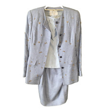 Oscar De La Renta Skirt Suit Womens Size 8 3pc VNTG 100% Silk Embellished Blazer