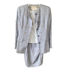 Oscar De La Renta Skirt Suit Womens Size 8 3pc VNTG 100% Silk Embellished Blazer