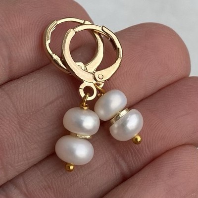 Min Favorit Genuine White Button Pearls & Gold Pl Artisan Drop Earrings