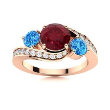 5MM Round Ruby  Swiss Blue Topaz 925 Silver Rose Plated Three Stone Women Ring