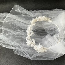 Bridal Head Piece Wedding Band WithAttached Veil Floral Pearl Lace Tulle
