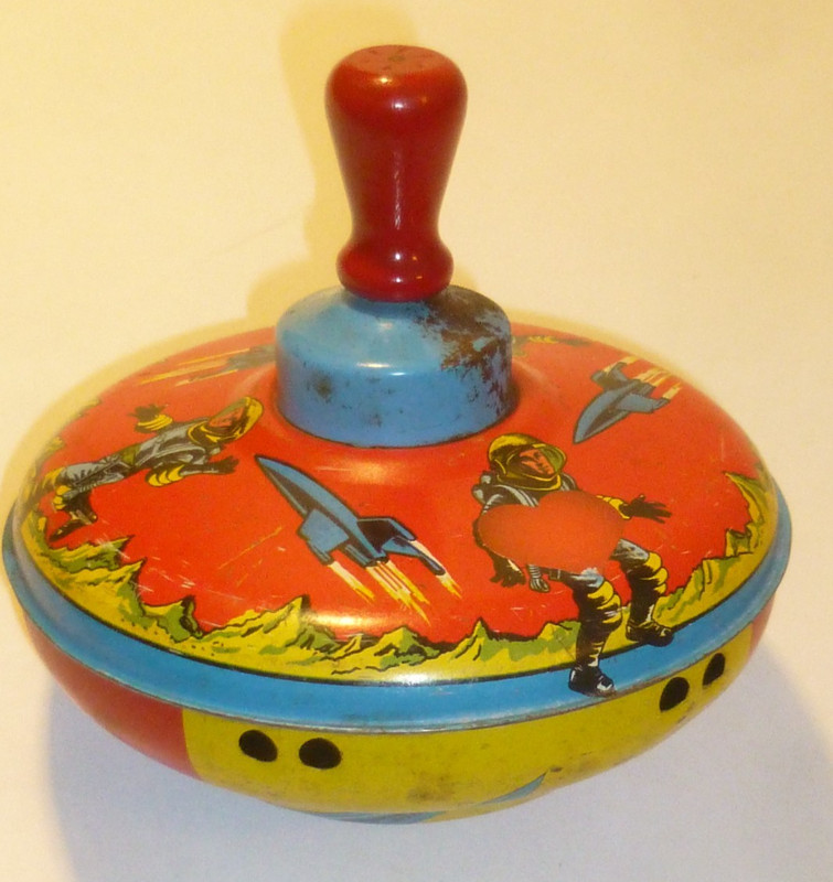 Vintage Spinning Top Toy 1960s Metal Tin Litho Astronauts Space Ship Neat