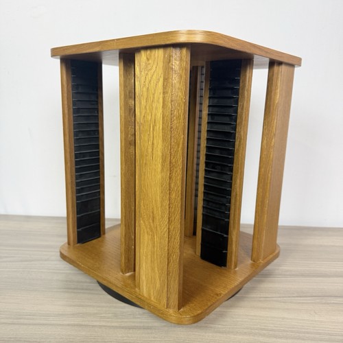 VIDEO Vintage Wood 100 CD Spinning Rotating Carousel Storage Tower Rack PRISTINE